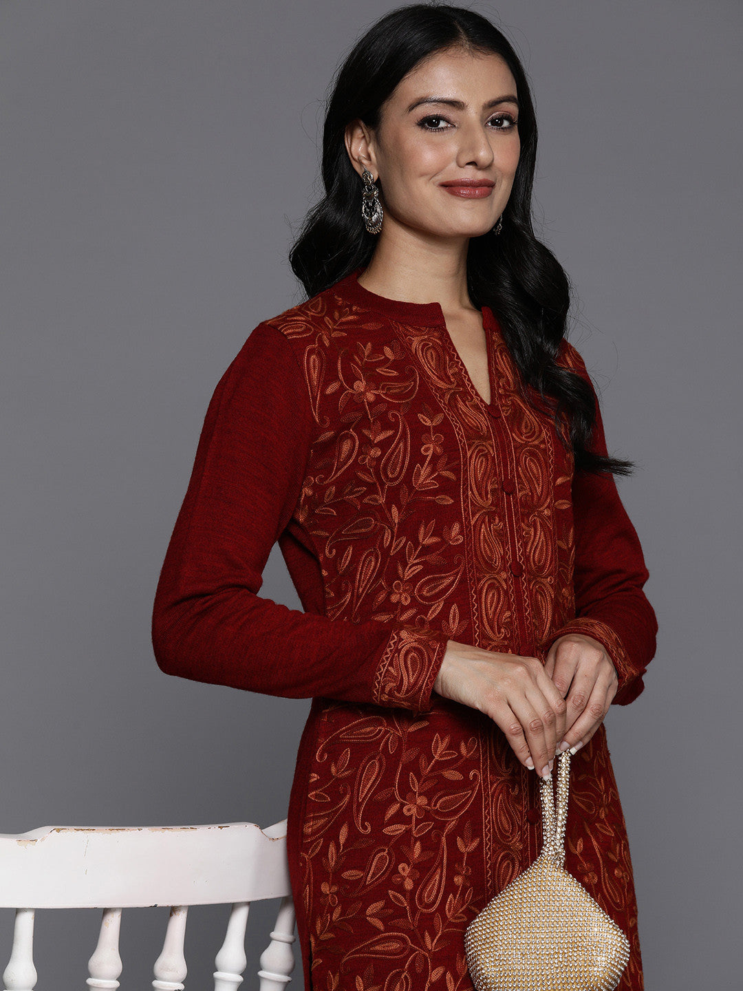 Women Floral Embroidered Regular Thread Work Pure Wool Kurta with Trousers