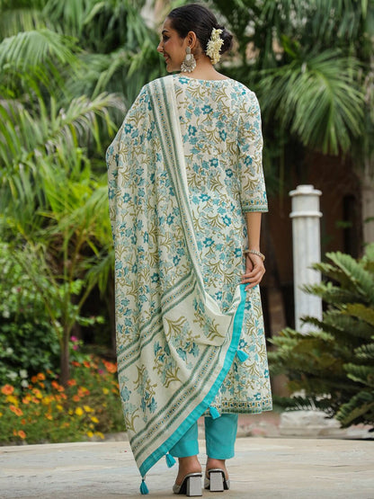 Dhiyona RR Women's Floral Printed Sequinned A-Line Pure Cotton Kurta with Trousers & Dupatta