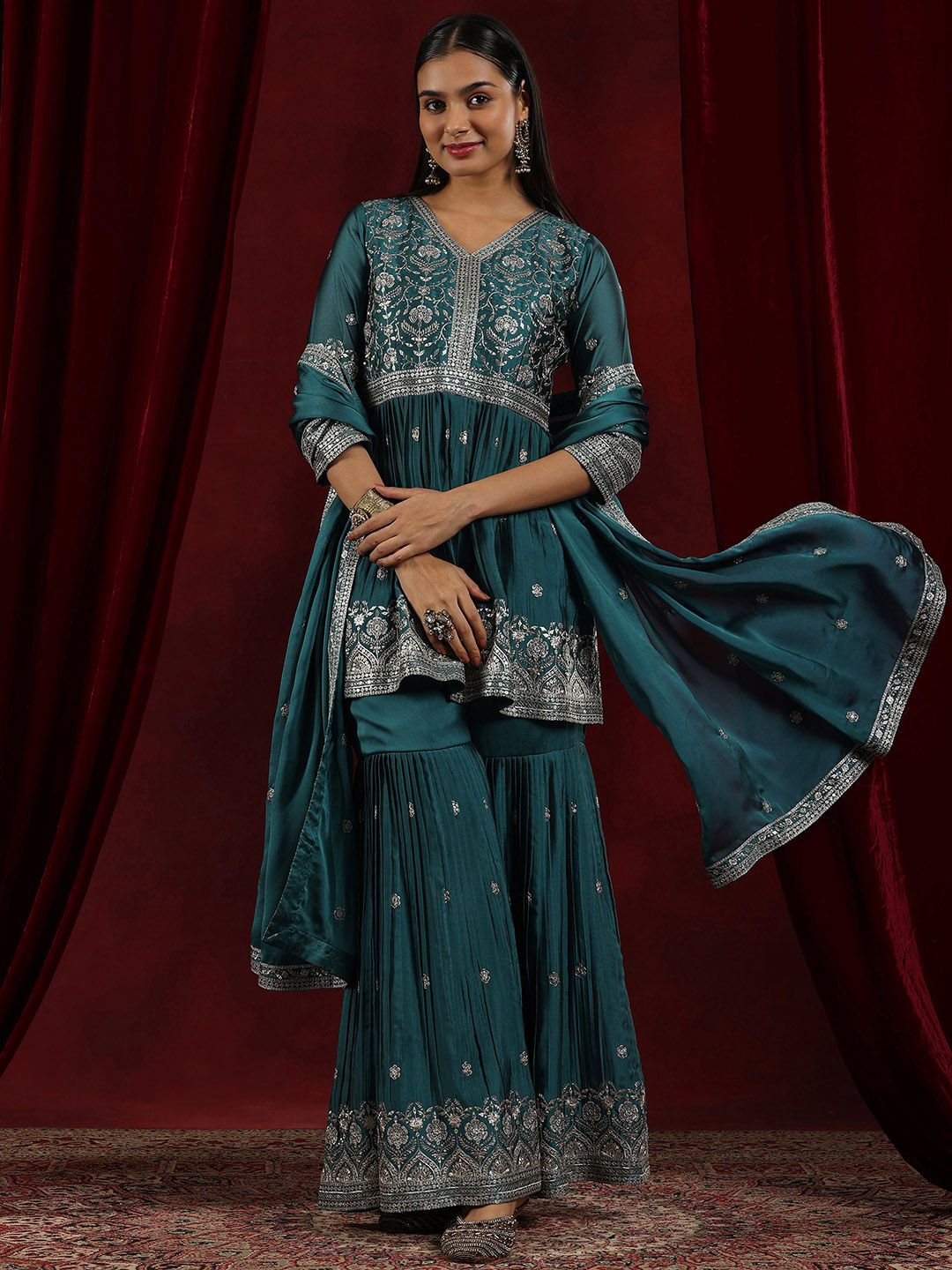 Dhiyona LL Womens Teal Embroidered A-Line Kurti With Sharara & Dupatta