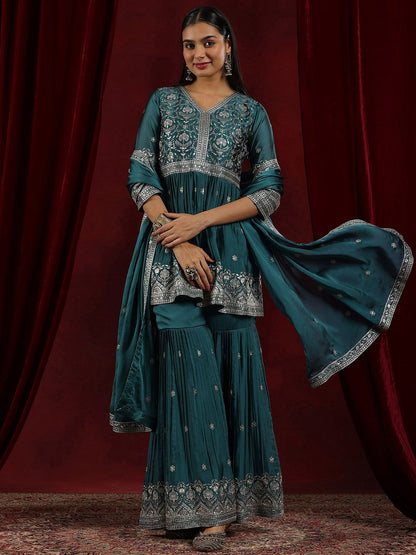Dhiyona LL Womens Teal Embroidered A-Line Kurti With Sharara & Dupatta