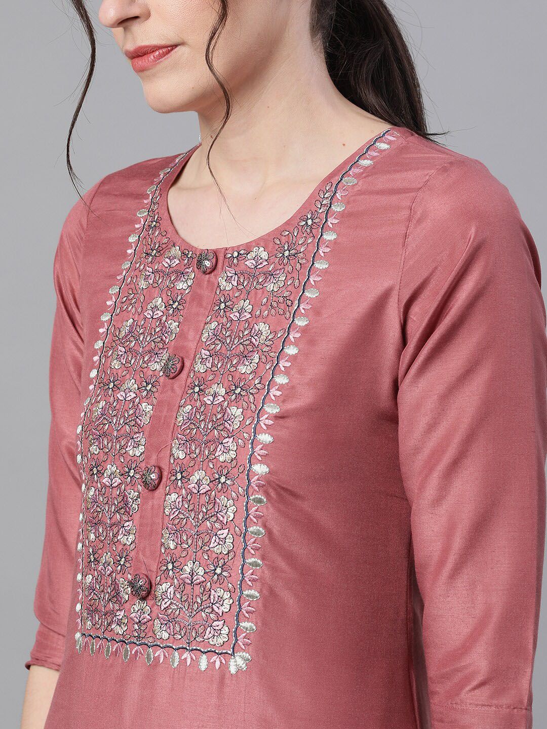 Dhiyona IS Women's Women Mauve & White Yoke Design Kurta with Trousers & Dupatta