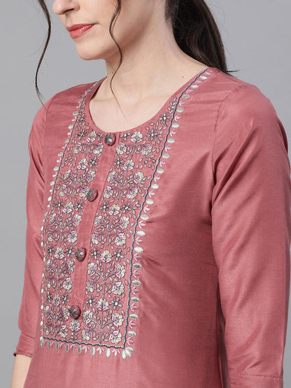 Dhiyona IS Women's Women Mauve & White Yoke Design Kurta with Trousers & Dupatta
