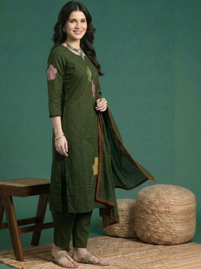 Embroidered Cotton Round Neck Kurta & Trousers With Dupatta