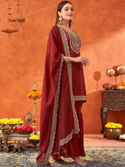 Dhiyona KL Women Ethnic Motifs Embroidered Regular Thread Work Kurta with Sharara & With Dupatta