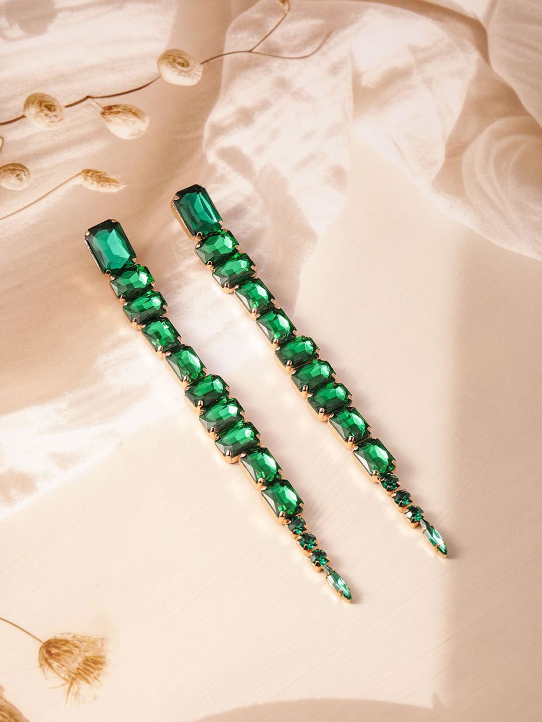 Dhiyona RJ Women's 18KT Gold Plated Emerald Studded Glamorous Shoulder Duster Drop Earrings