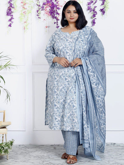 Dhiyona KL Women Floral Printed Regular Sequinned Pure Cotton Kurta with Trousers & With Dupatta