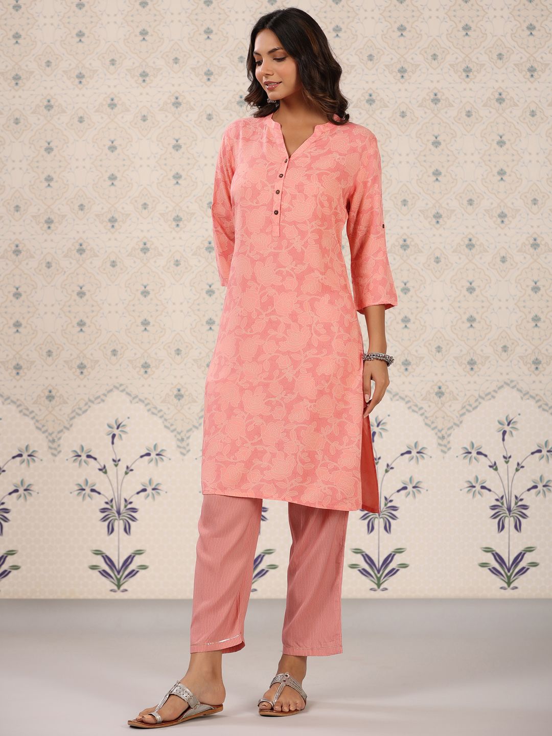 Dhiyona OD  Coral & White Floral Printed Mandarin Collar Kurta With Palazzos