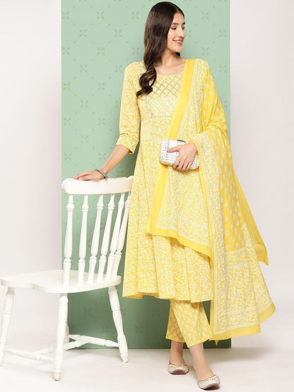 Dhiyona KL Ethnic Motifs Printed Pure Cotton Anarkali Kurta with Trousers & Dupatta