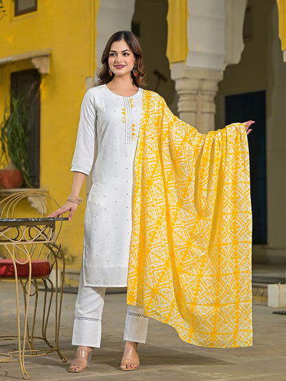 Dhiyona KL Women Floral Embroidered Regular Mirror Work Kurta with Trousers & With Dupatta