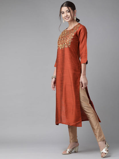 Dhiyona IE Women Orange Yoke Design Thread Work Chanderi Silk Chanderi Silk Kurta