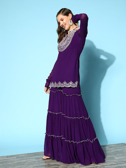 Dhiyona IN Ethnic Motifs Embroidered Thread Work Kurti With Sharara & With Dupatta