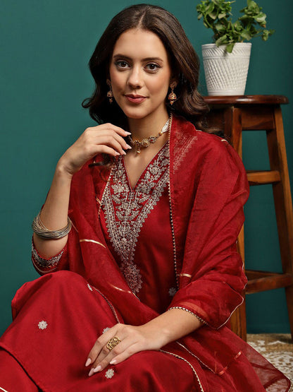 Women Embroidered V-Neck Kurta With Trouser & Dupatta