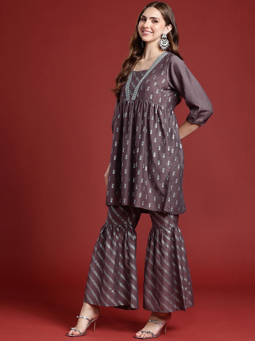 Dhiyona AN Floral Printed Regular Sequinned A-Line Kurti With Sharara