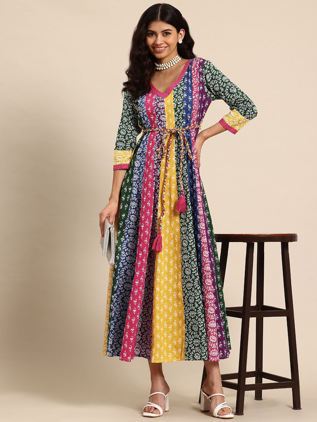 Dhiyona AY Women's Floral Printed A-Line Maxi Ethnic Dress With Belt