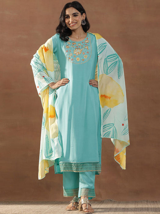 Turquoise Blue Floral Yoke Design Thread Work Straight Kurta With Trousers & Dupatta