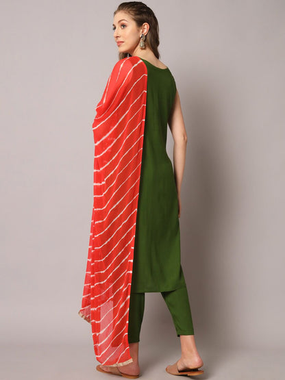 Dhiyona KL Floral Embroidered Mirror Work Kurta with Trousers & Dupatta