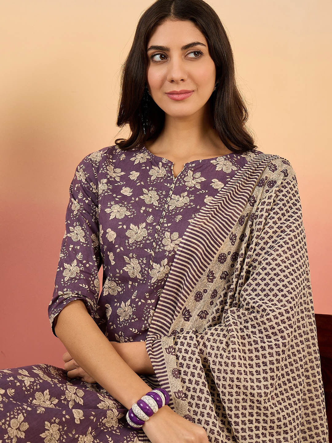 Dhiyona SN Women Floral Printed Regular Pure Cotton Kurta with Trousers & With Dupatta