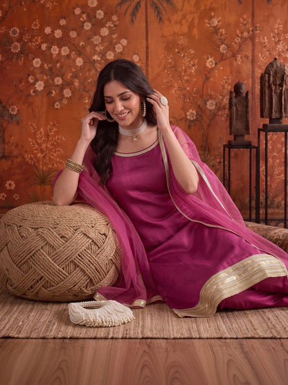 Silk Blend Round Neck Kurta & Trousers With Dupatta