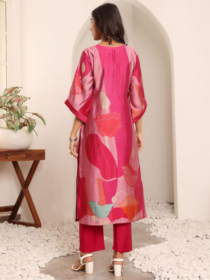 Fuchsia Abstract Printed Notch Neck Chanderi Silk Straight Kurta With Trousers