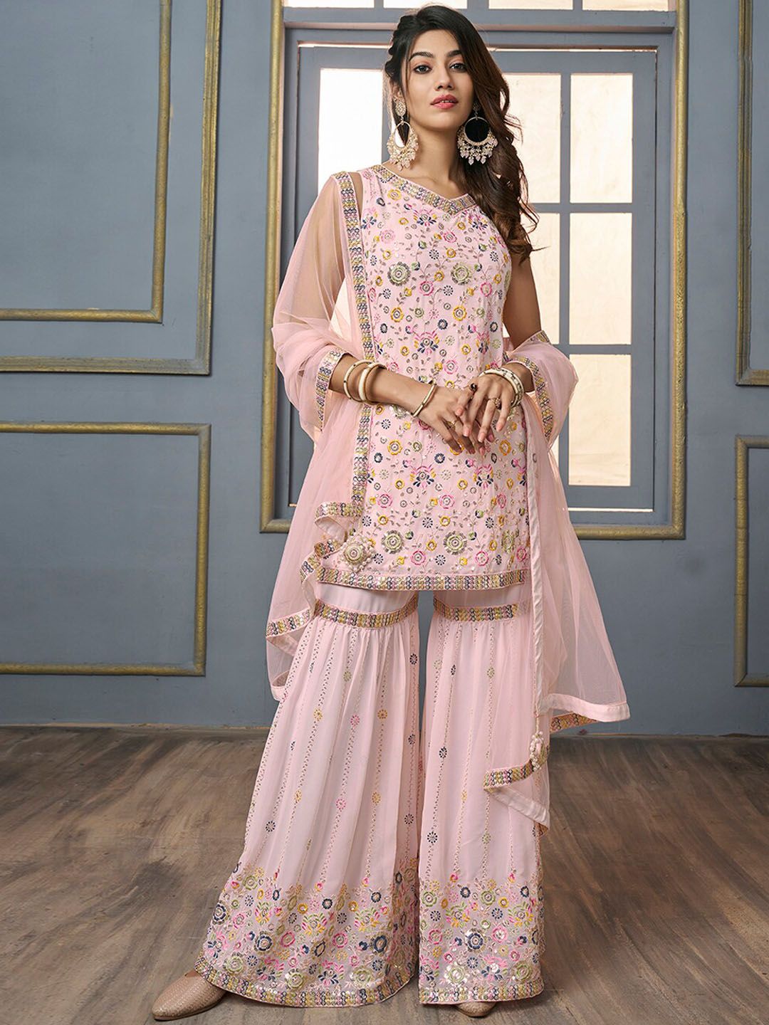 Dhiyona IN V-Neck Floral Embroidered Sequinned Detailed Kurta & Sharara With Dupatta