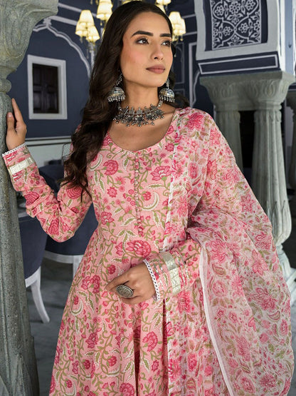 Dhiyona KL Floral Printed Anarkali Kurta & Trousers With Dupatta