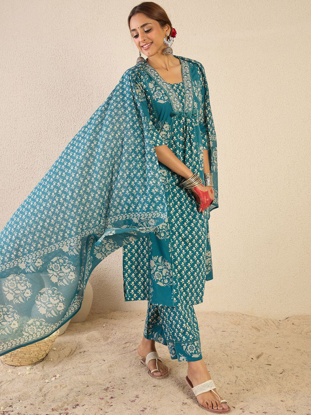 Ethnic Motifs Printed A Line Pleated Pure Cotton Kurta With Trousers & Dupatta
