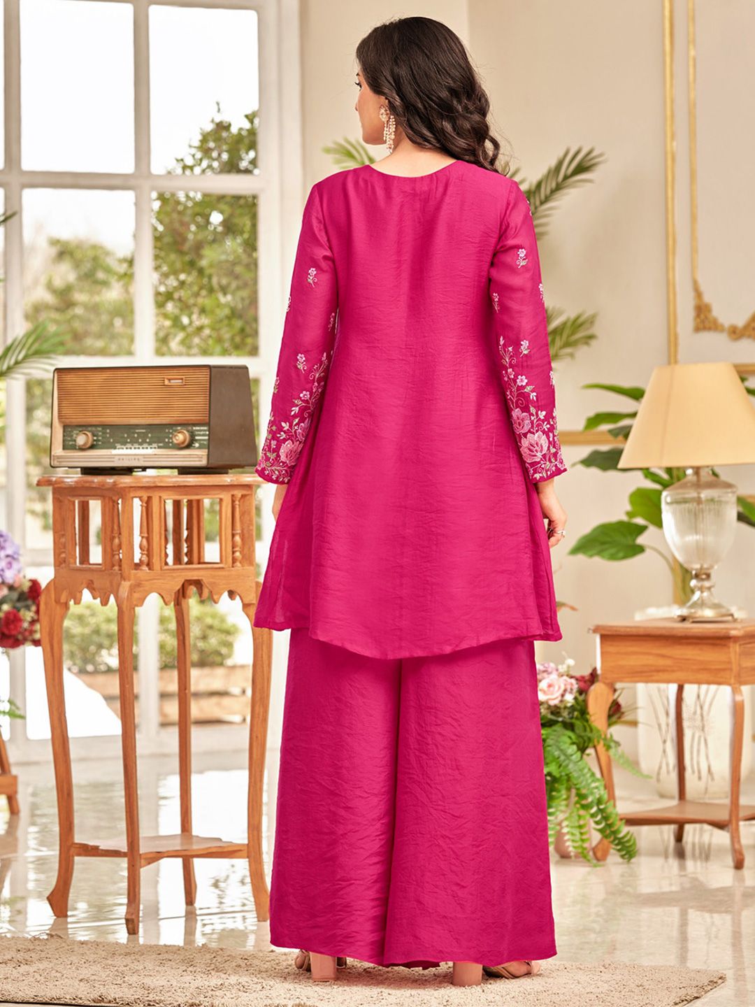 Pink Floral Embroidered Thread Work Chanderi Cotton A-Line Kurta With Palazzos