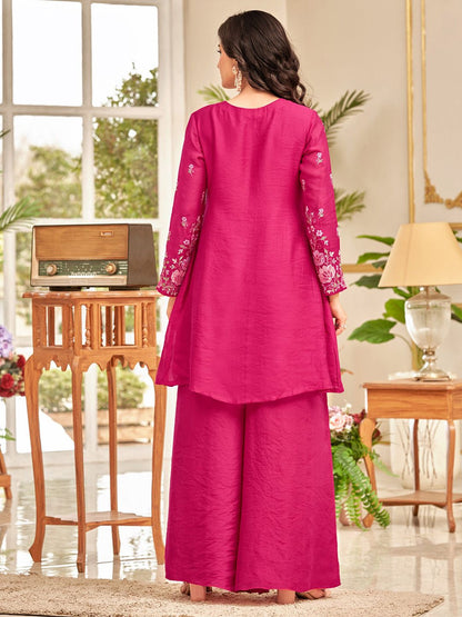 Pink Floral Embroidered Thread Work Chanderi Cotton A-Line Kurta With Palazzos