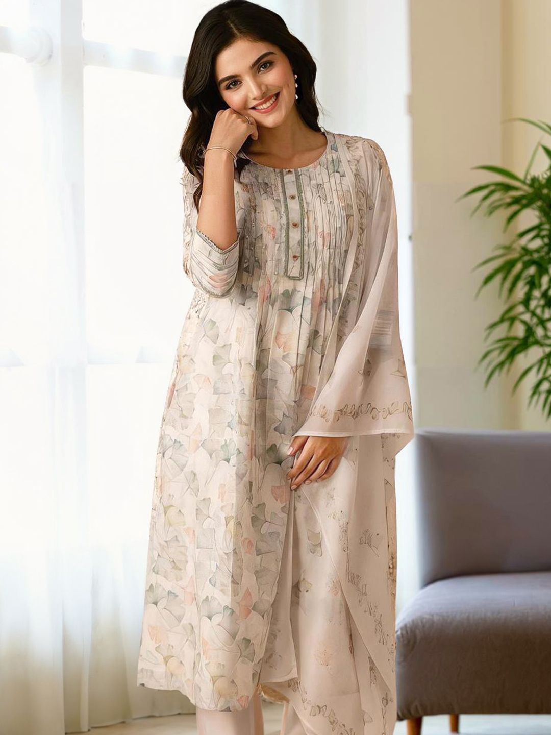 Dhiyona IS Women's White Floral Printed Beads & Stones A-Line Kurta & Trousers With Dupatta
