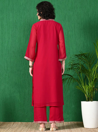 V Neck Three Quarter Sleeves Straight Kurta Sets