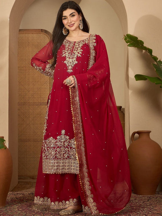 Dhiyona SN Floral Embroidered Beads And Stones Straight Kurta With Palazzos & Dupatta