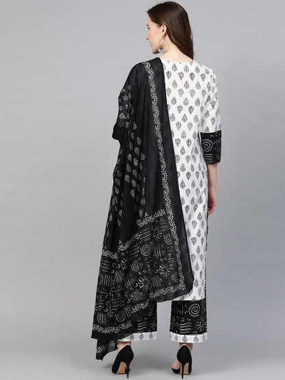 Dhiyona KL Women White Printed Cotton Blend Kurta Sets