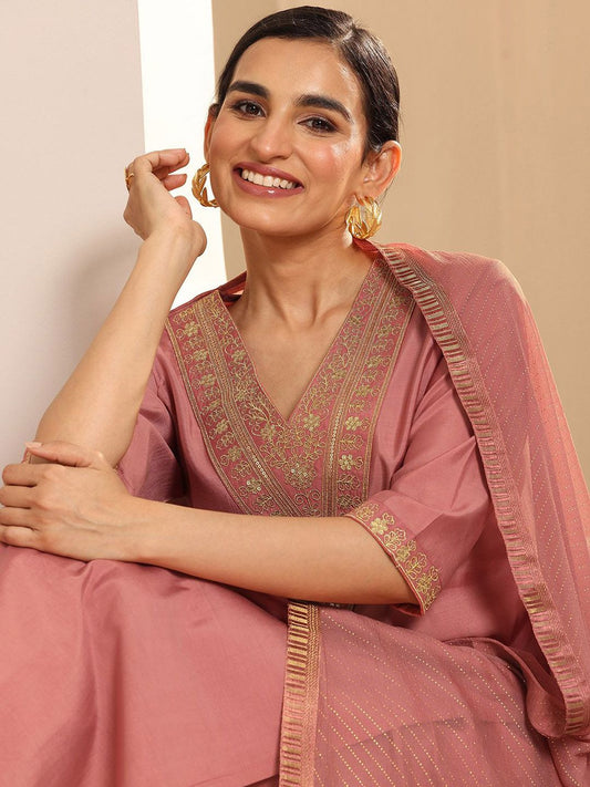 Floral Yoke Design Sequnnied Straight Kurta With Trousers & Dupatta