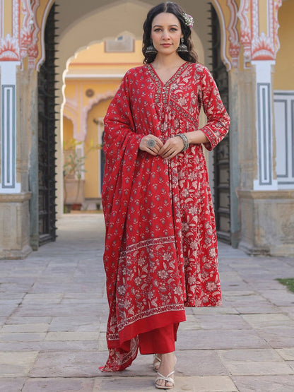 Dhiyona RR Women's Floral Printed Empire Sequinned Pure Cotton Kurta With Trousers & Dupatta