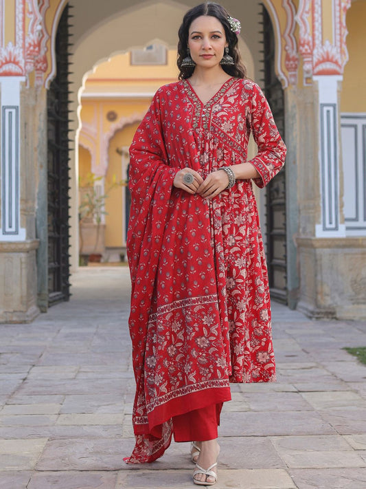Dhiyona RR Women's Floral Printed Empire Sequinned Pure Cotton Kurta With Trousers & Dupatta