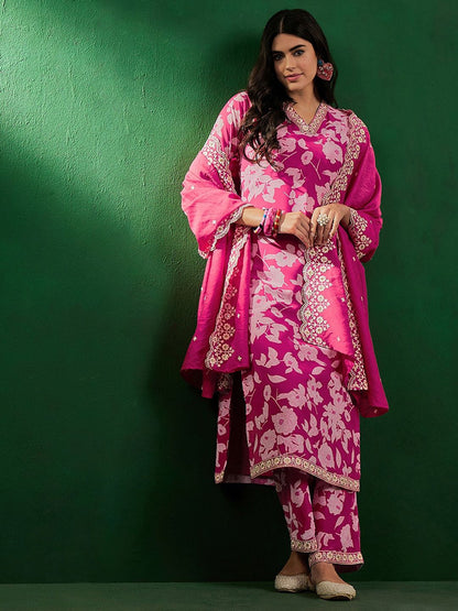 Dhiyona SN Floral Printed Beads & Stones Zari Straight Kurta With Palazzo & Dupatta