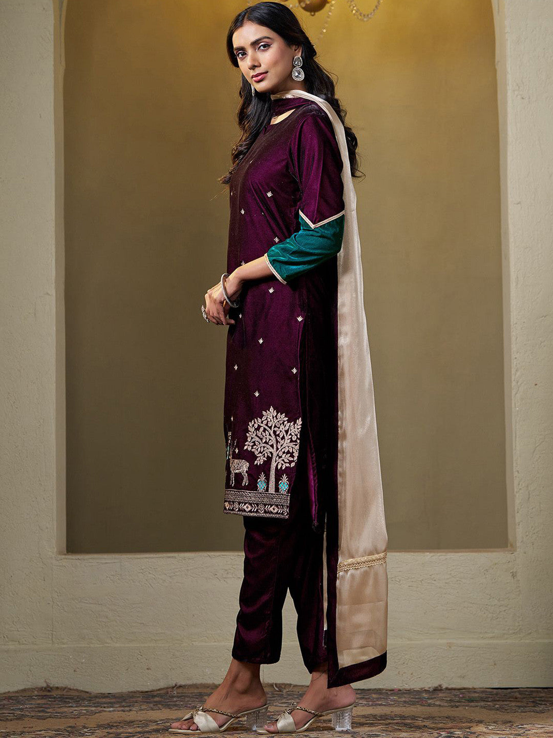 Women Velvet Embroidered Straight Kurta Pant With Dupatta Set