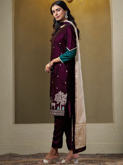 Women Velvet Embroidered Straight Kurta Pant With Dupatta Set