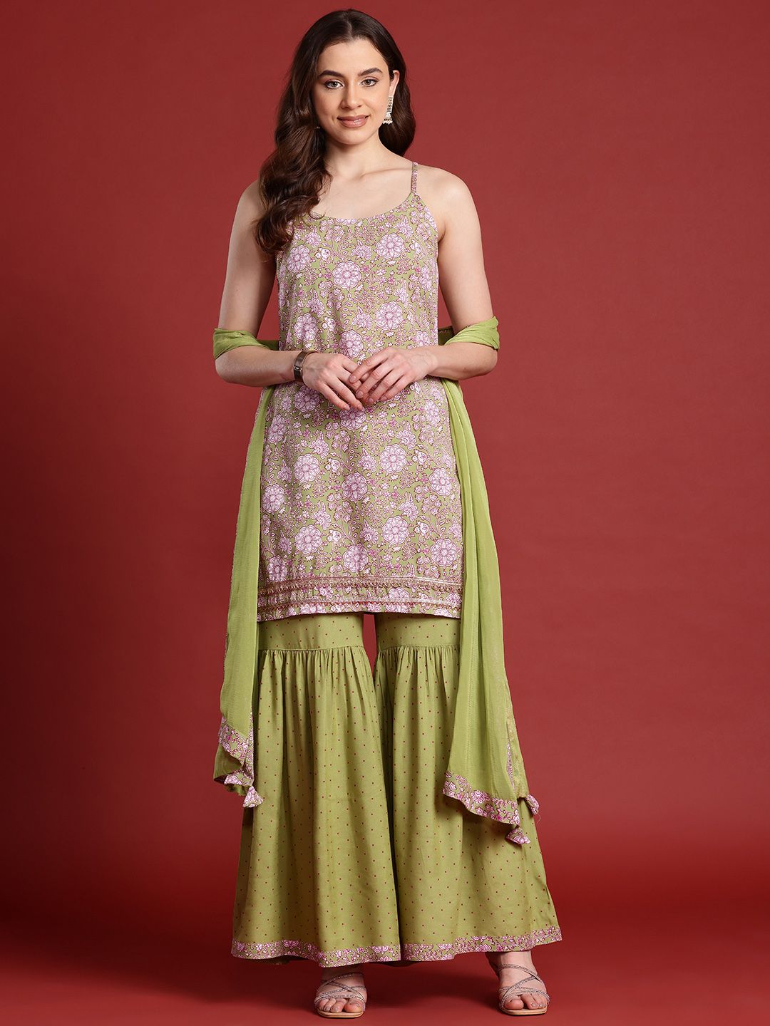 Dhiyona AN X Basant Bahaar Floral Printed A-Line Kurta With Sharara & Dupatta
