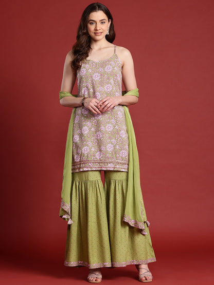 Dhiyona AN X Basant Bahaar Floral Printed A-Line Kurta With Sharara & Dupatta