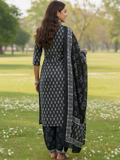 Black Ethnic Motifs Printed V-Neck Angrakha A-Line Kurta With Patiala & Dupatta