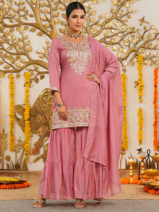 Dhiyona SC Women Mauve Mul Chanderi Gota Work Sharara Set