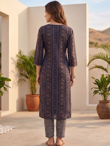 Navy Blue Women Ethnic Motifs Printed Regular Thread Work Kurta with Trousers & With Dupatta