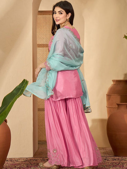 Dhiyona SN Women Ethnic Motifs Embroidered Regular Sequinned Kurta with Sharara & With Dupatta