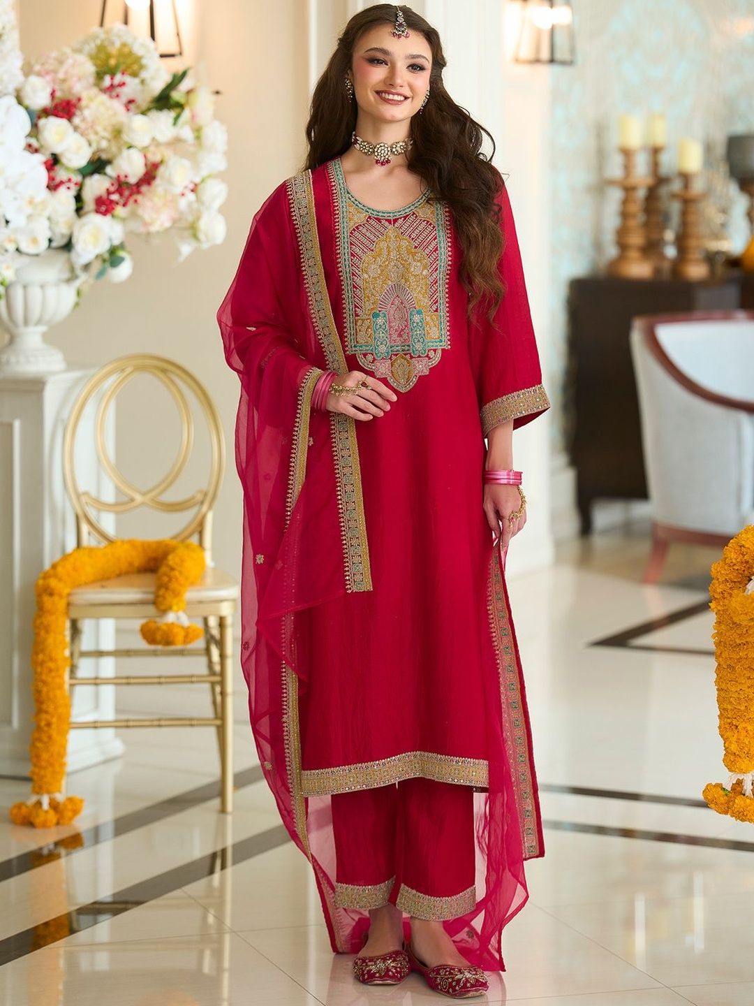 Dhiyona IE Women Ethnic Motifs Embroidered A-Line Kurta with Trousers & Dupatta