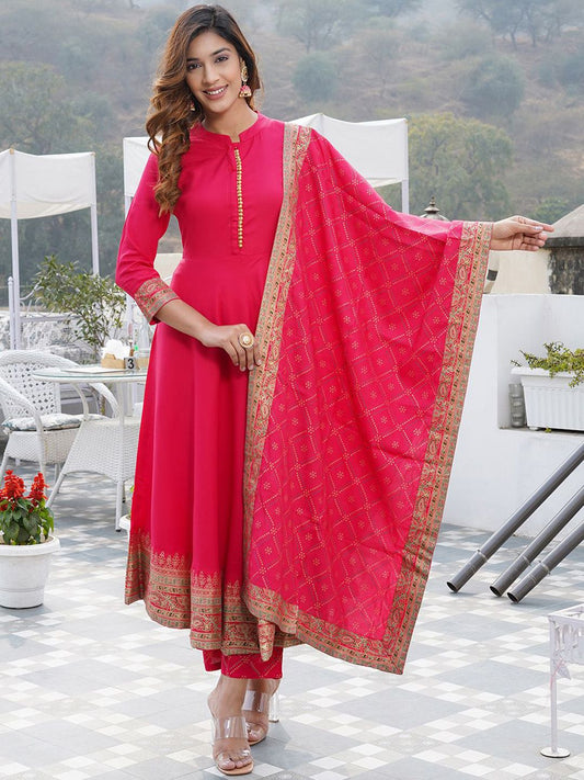 Dhiyona KL Ethnic Motifs Printed Mandarin Collar Anarkali Kurta with Trouser & Dupatta
