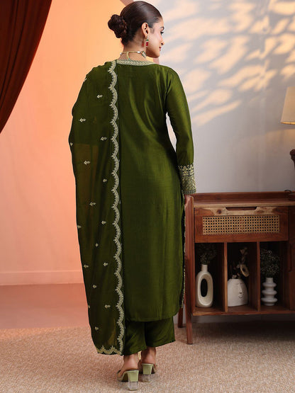 Floral Embroidered Thread Work Straight Kurta With Trousers And Dupatta