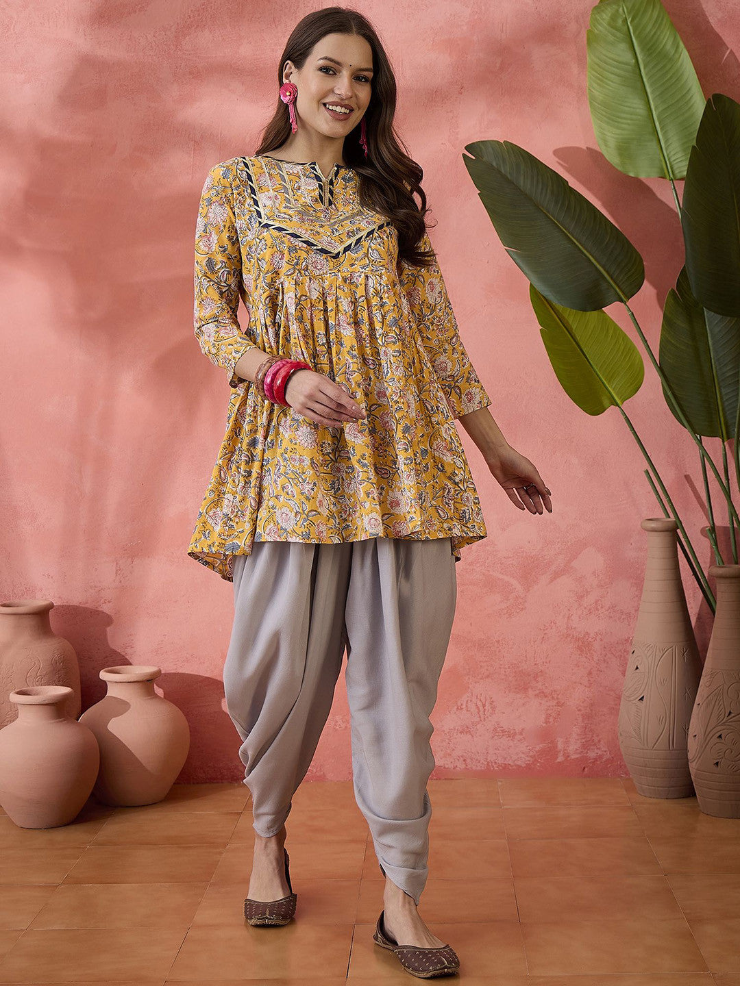 Mustard Floral Printed Pure Cotton Empire Style Anarkali Kurti & Dhoti Pant Set
