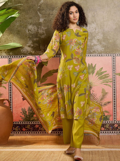 Printed Round Neck Kurta & Trousers With Dupatta