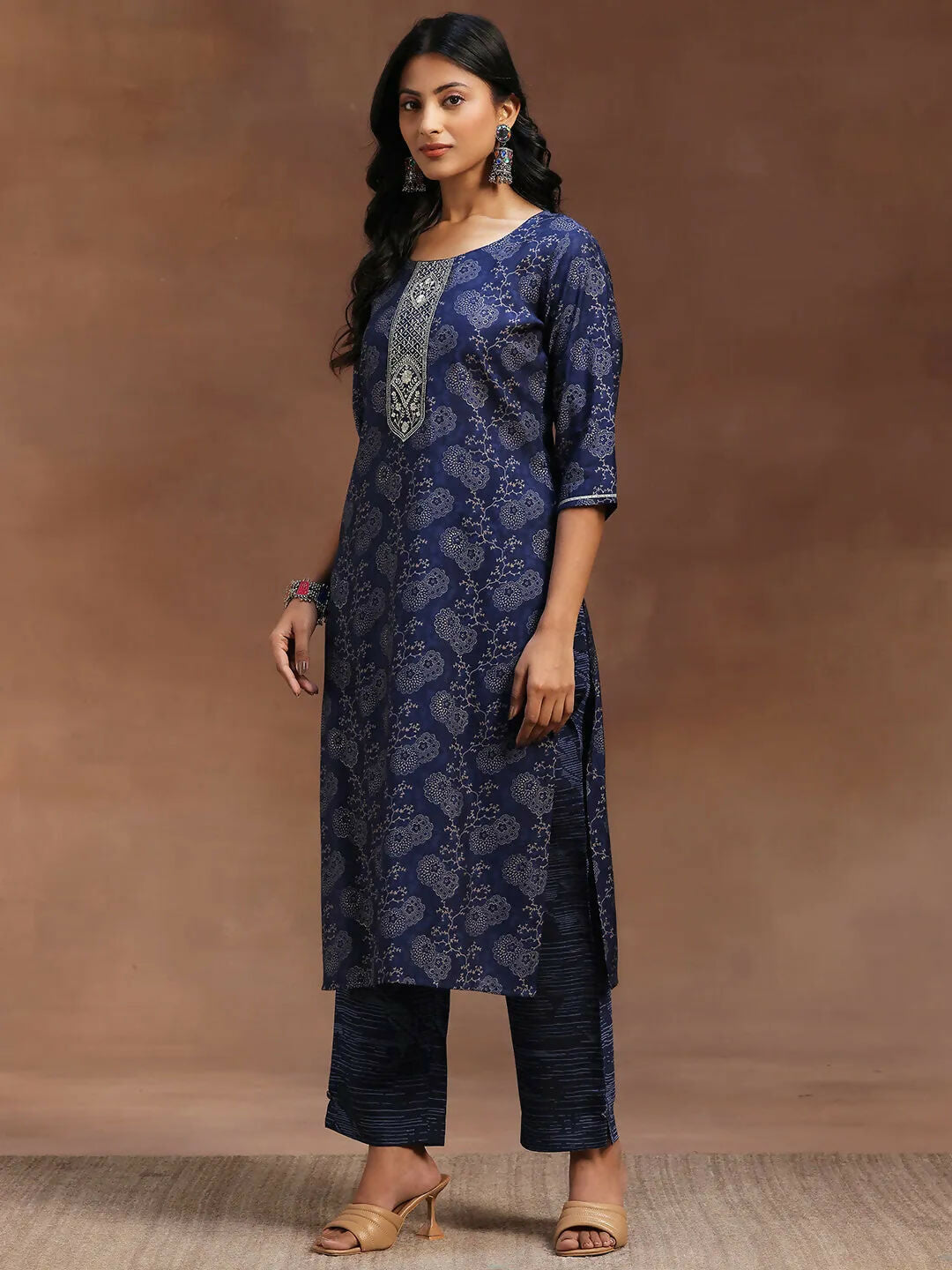 Women's LB Blue Printed Silk Blend Straight Suit With Dupatta